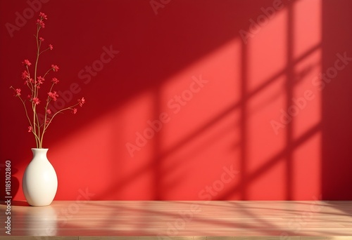Empty table on dark red wall. Background with window light and shadow. Mockup for presentation, branding products, cosmetics, food, technology or jewelry. Premium background