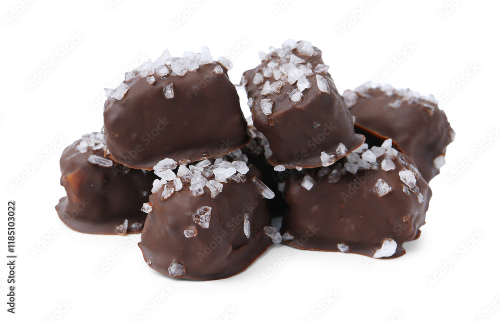 Tasty chocolate candies with salt isolated on white Tasty chocolate candies with salt isolated on white