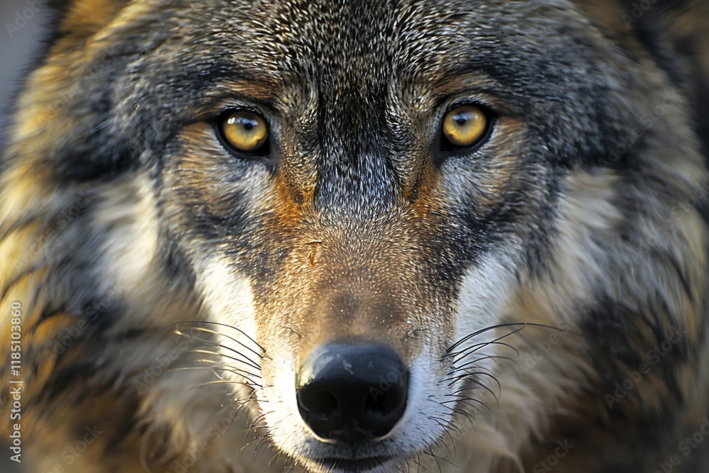 Obraz premium Close-up of a wolf's intense gaze, showing its fur texture, amber eyes, and sharp nose.