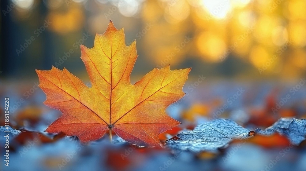 Vibrant Autumn Maple Leaf with Frost on the Ground Vibrant Autumn Maple Leaf with Frost on the Ground