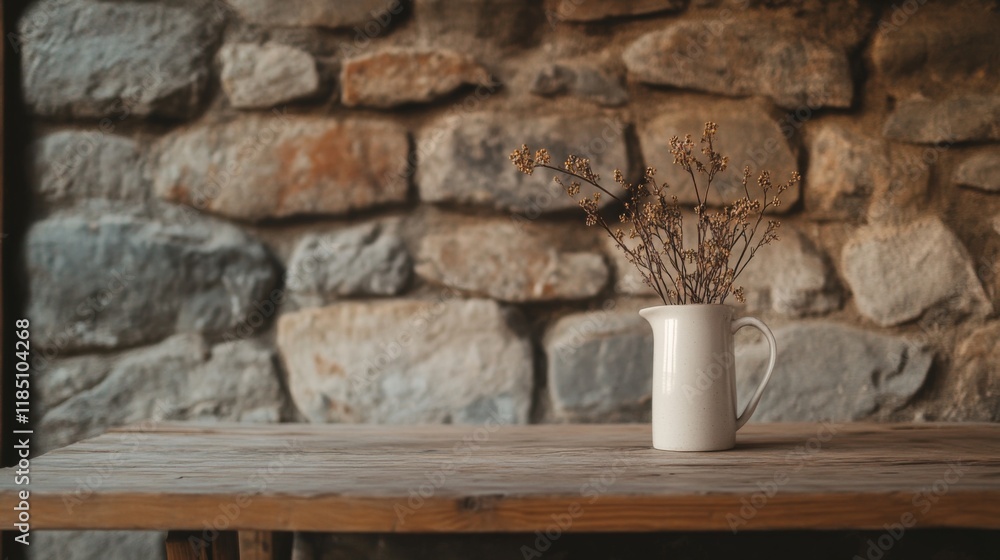 Dried flowers in a white pitcher on a rustic wooden table against a stone wall. Dried flowers in a white pitcher on a rustic wooden table against a stone wall.