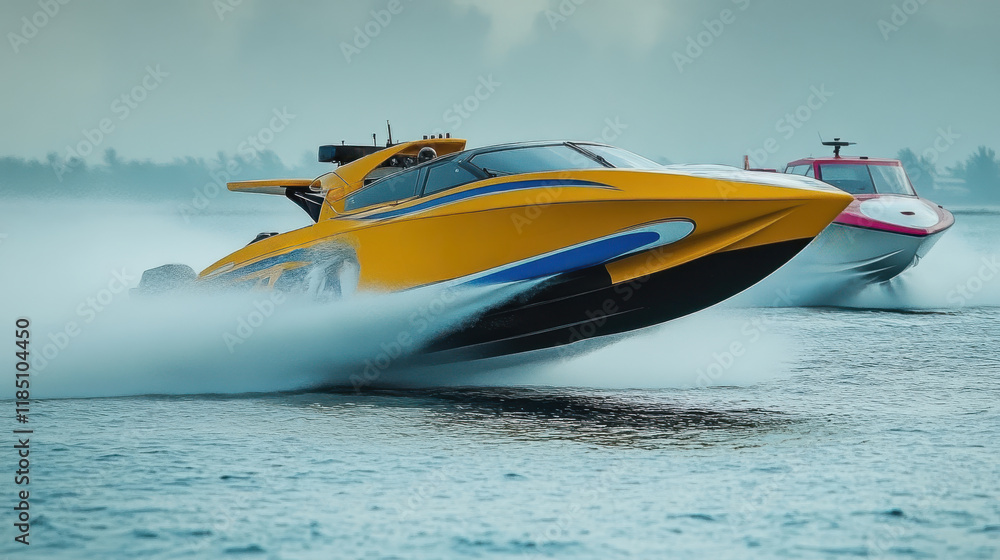 Speedboat racing on water during a cloudy day Speedboat racing on water during a cloudy day