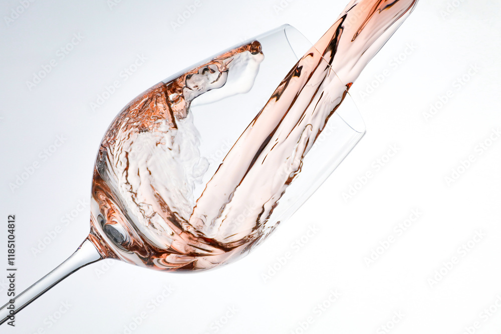 Fototapeta premium Pouring rose wine into glass on white background