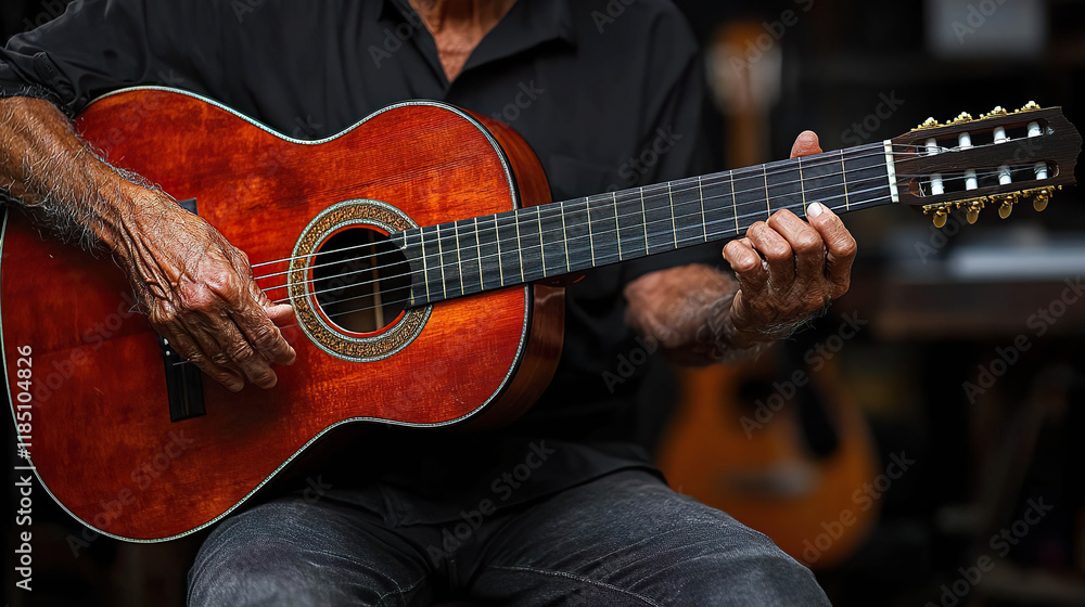 Fototapeta premium Close-up of elderly hands skillfully playing a classical guitar. Generated with AI.