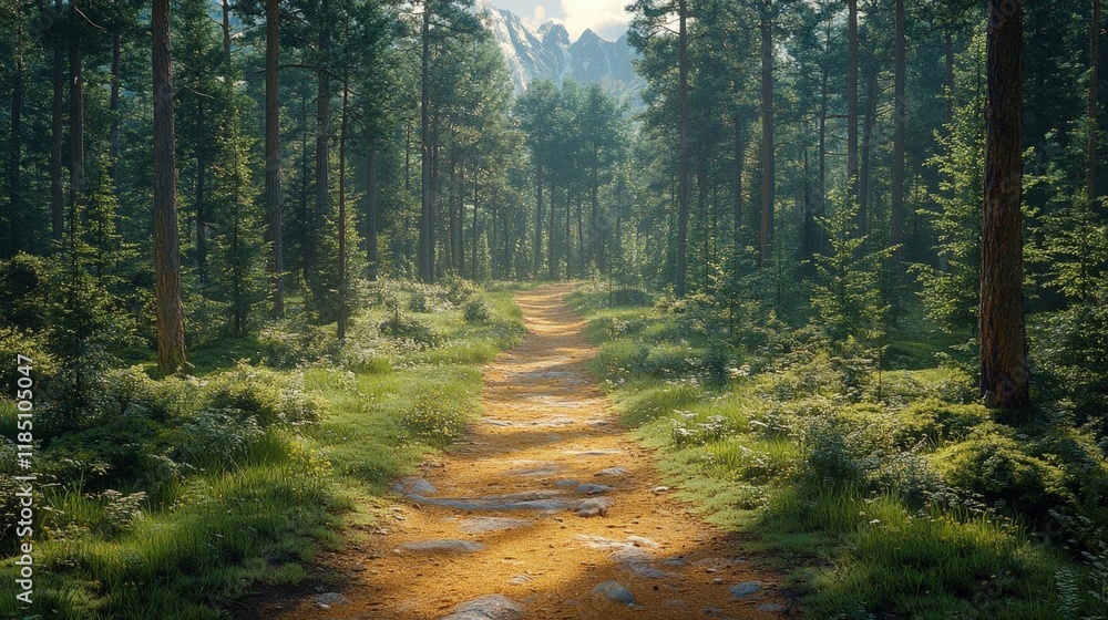 Sunlit Path Through a Lush Green Forest, Serene and Tranquil Nature Scene Sunlit Path Through a Lush Green Forest, Serene and Tranquil Nature Scene