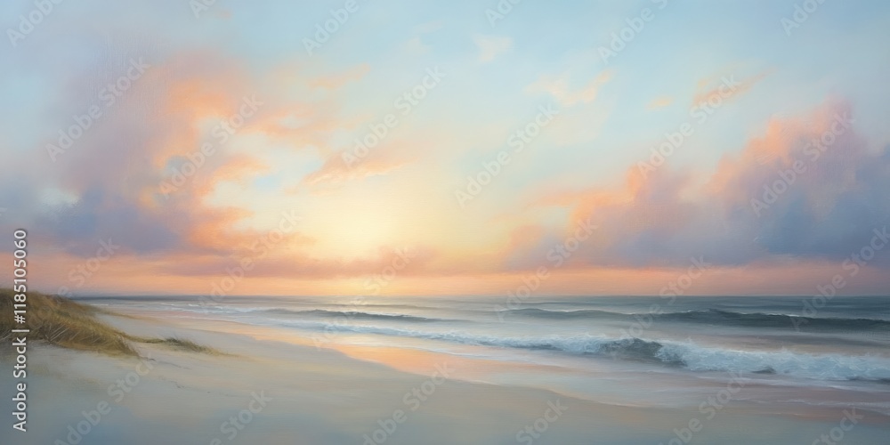Fototapeta premium Serene beach at sunset with pastel clouds and gentle waves, for relaxation.