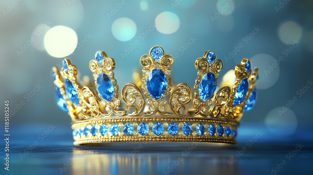 Gold crown with blue jewel of precious stones. Rainstone. Illustration