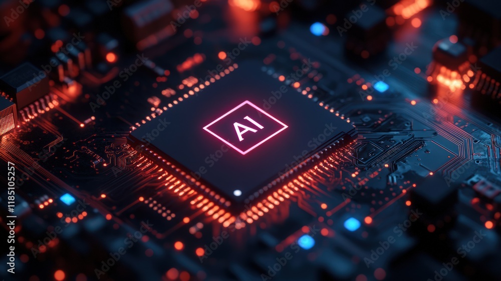 Close-up of AI processor on circuit board. Close-up of AI processor on circuit board.