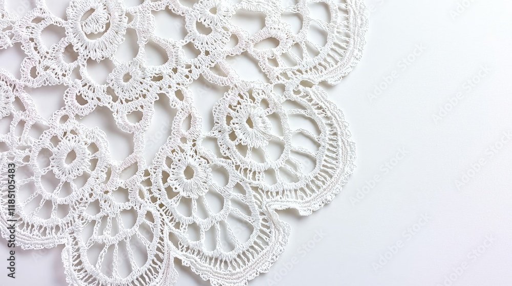 Obraz premium A delicate white lace doily, showcasing intricate patterns and craftsmanship, ideal for table decoration or as a decorative accent.