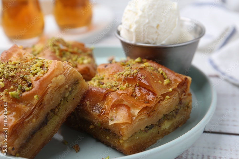 Delicious baklava with crushed nuts and ice cream on white wooden table, closeup Delicious baklava with crushed nuts and ice cream on white wooden table, closeup