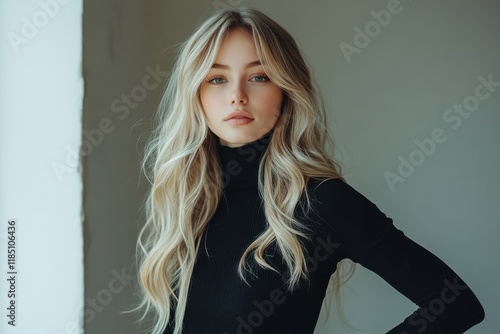 Confident young woman in black turtleneck with platinum blonde hair