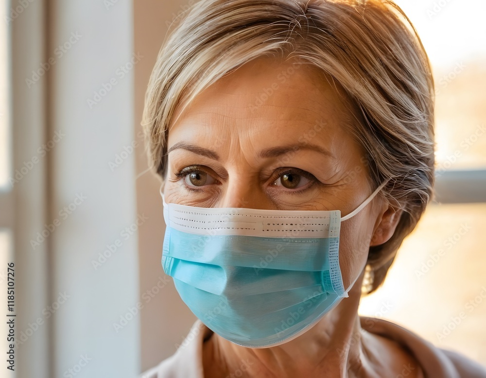 Middle aged Woman in Protective Mask by Window During Pandemic COVID, isolation during a pandemic Middle aged Woman in Protective Mask by Window During Pandemic COVID, isolation during a pandemic