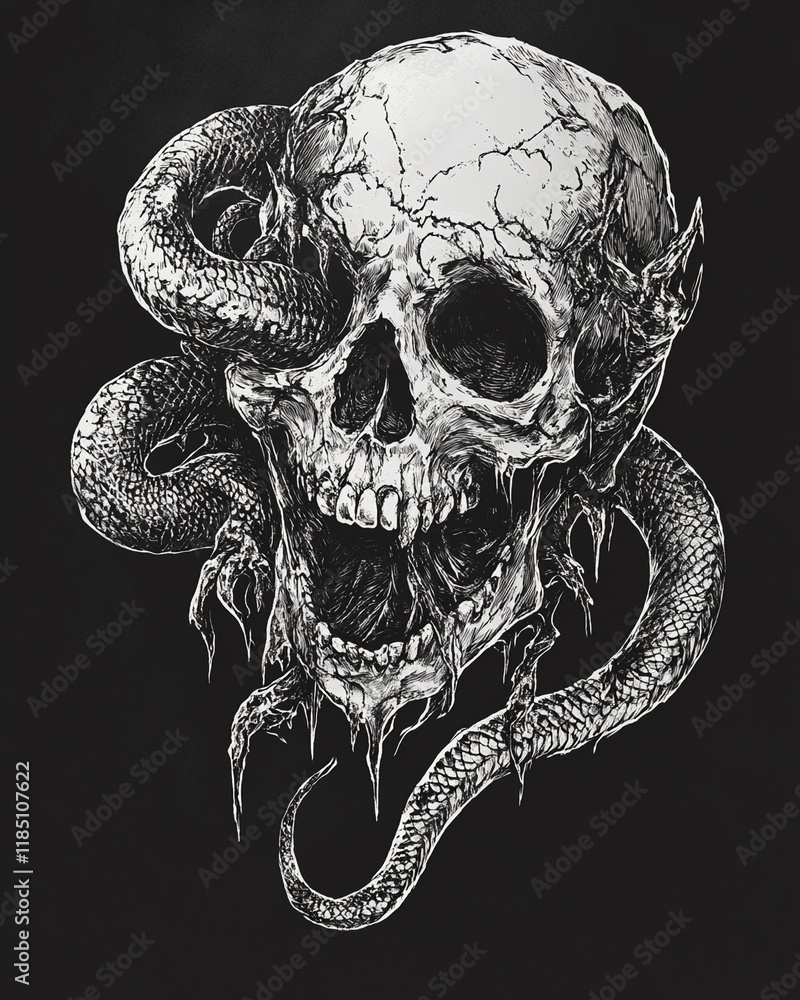 Skull and Serpent black and white illustration