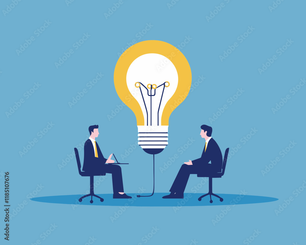 Business Communication Success: Brainstorming Meeting with Lightbulb Concept, Two Businessmen Discussing Ideas Business Communication Success: Brainstorming Meeting with Lightbulb Concept, Two Businessmen Discussing Ideas