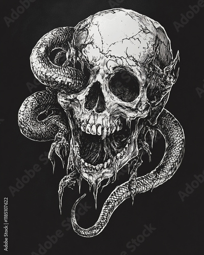 Skull and Serpent black and white illustration photo