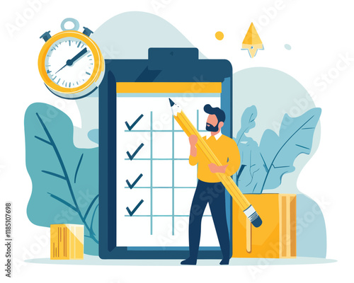 Business Project Management Timeline with Goal Tracker and Task Checklist Concept, Manager with Pencil Checking Completed Tasks, Flat Minimalist SVG Vector