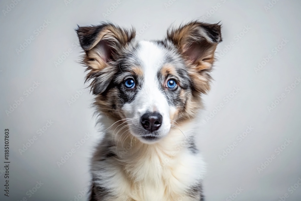 Adorable Blue Merle Border Collie Puppy Posing on White Background - Night Studio Shot Adorable Blue Merle Border Collie Puppy Posing on White Background - Night Studio Shot