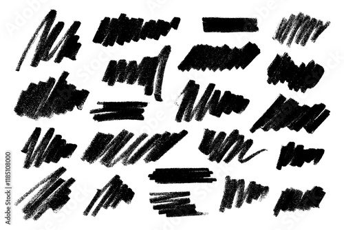 Set of sweeping zigzag wavy lines with semi-dry brush, marker, pencil, charcoal, chalk of different shapes, sizes. Vector texture brushes, children's scribbles, doodle outline.