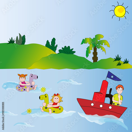 Paisaje con barco y niñas bañándose.