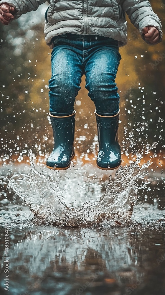Child joyfully jumps into a puddle while wearing red rain boots outdoors Child joyfully jumps into a puddle while wearing red rain boots outdoors