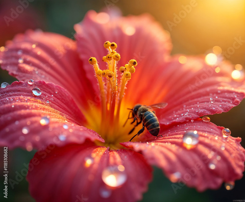 Close-up of a bee pollinating a vibrant red hibiscus flower at sunrise, dewdrops glistening on petals, symbolizing biodiversity and nature’s beauty