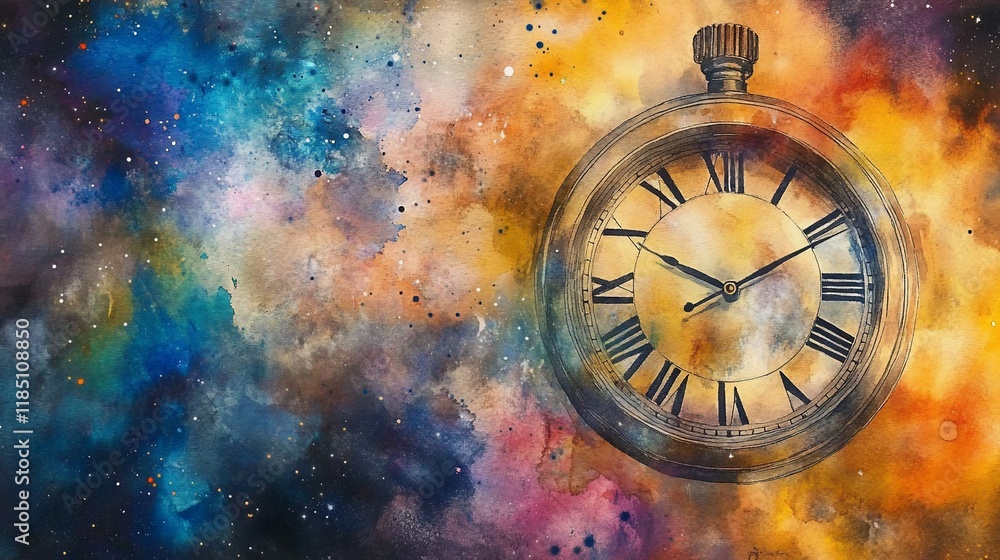 custom made wallpaper toronto digitalVintage pocket watch in space, colorful watercolor nebula background.