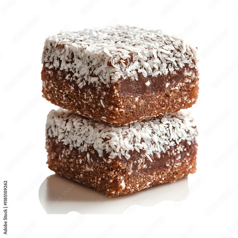 Chocolate-Covered Lamingtons Coated in Coconut on transparent background Chocolate-Covered Lamingtons Coated in Coconut on transparent background