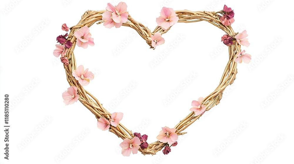 A decorative heart-shaped wreath made of twigs and adorned with pink flowers, symbolizing love and nature. A decorative heart-shaped wreath made of twigs and adorned with pink flowers, symbolizing love and nature.