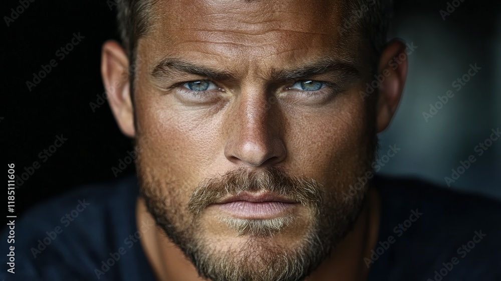 A man with a beard and blue eyes is staring at the camera. He is wearing a black shirt A man with a beard and blue eyes is staring at the camera. He is wearing a black shirt