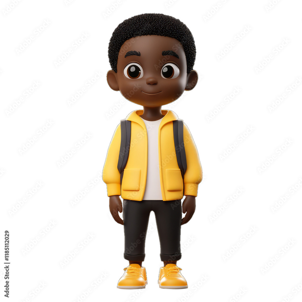 3D plastic rendered cartoon African American pupil boy wearing a yellow jacket, black pants and school backpack is standing. Serious face expression. Back to school theme. 3D plastic rendered cartoon African American pupil boy wearing a yellow jacket, black pants and school backpack is standing. Serious face expression. Back to school theme.