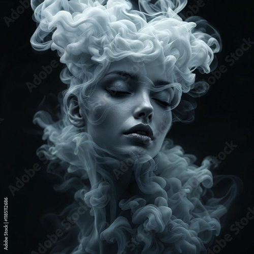 Portrait of a beautiful woman with smoke on a black background.