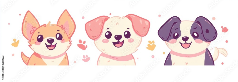 Fototapeta premium Cute, simple, flat illustration of dogs with hand-drawn doodle elements, simple colors and shapes, and a cute cartoon design on a white background Generative AI