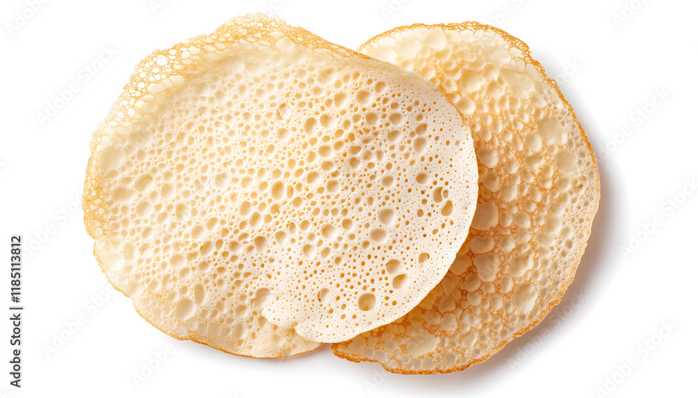Crepes isolated on white background, top view. Homemade thin crepes for breakfast or dessert Crepes isolated on white background, top view. Homemade thin crepes for breakfast or dessert