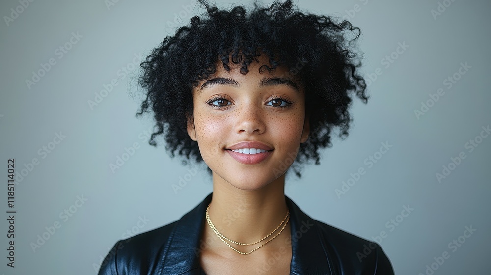 A woman with a short, curly hairstyle and a gold necklace is smiling. She is wearing a black jacket and a black shirt A woman with a short, curly hairstyle and a gold necklace is smiling. She is wearing a black jacket and a black shirt