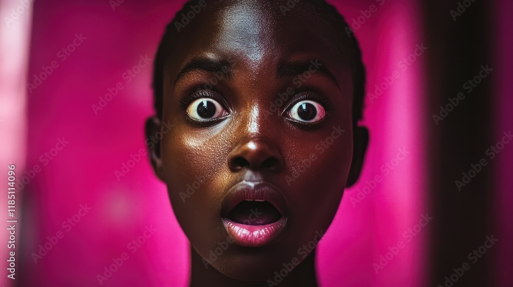A woman with a surprised expression on her face. She has dark hair and is wearing a pink background A woman with a surprised expression on her face. She has dark hair and is wearing a pink background