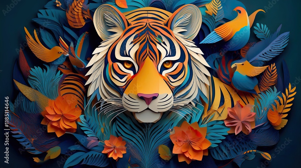 Naklejka premium Tiger with abstract line background with flowers and birds - artistic concept
