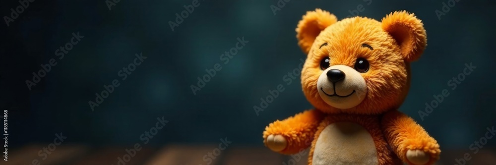 Adorable bear doll with smiling face on dark background, friendship, adorable pet, cute bear Adorable bear doll with smiling face on dark background, friendship, adorable pet, cute bear
