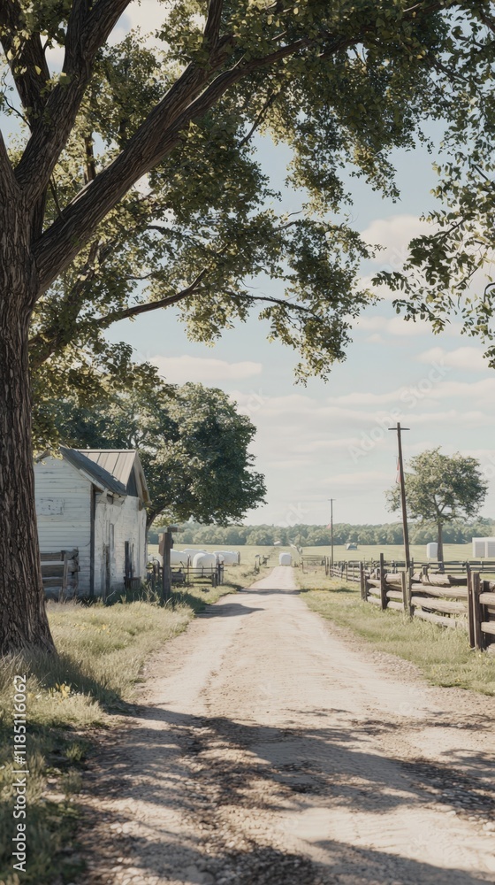 Rural road leads to farmhouse, sunny day, green fields. Rural road leads to farmhouse, sunny day, green fields.