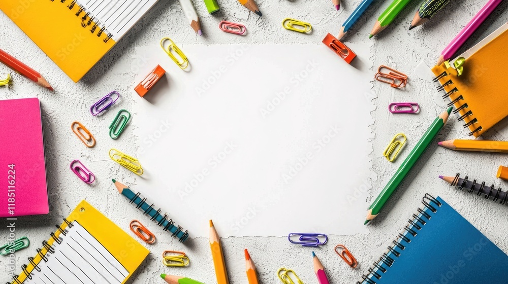 A colorful arrangement of stationery items surrounding a blank sheet of paper, ideal for creative projects or note-taking. A colorful arrangement of stationery items surrounding a blank sheet of paper, ideal for creative projects or note-taking.