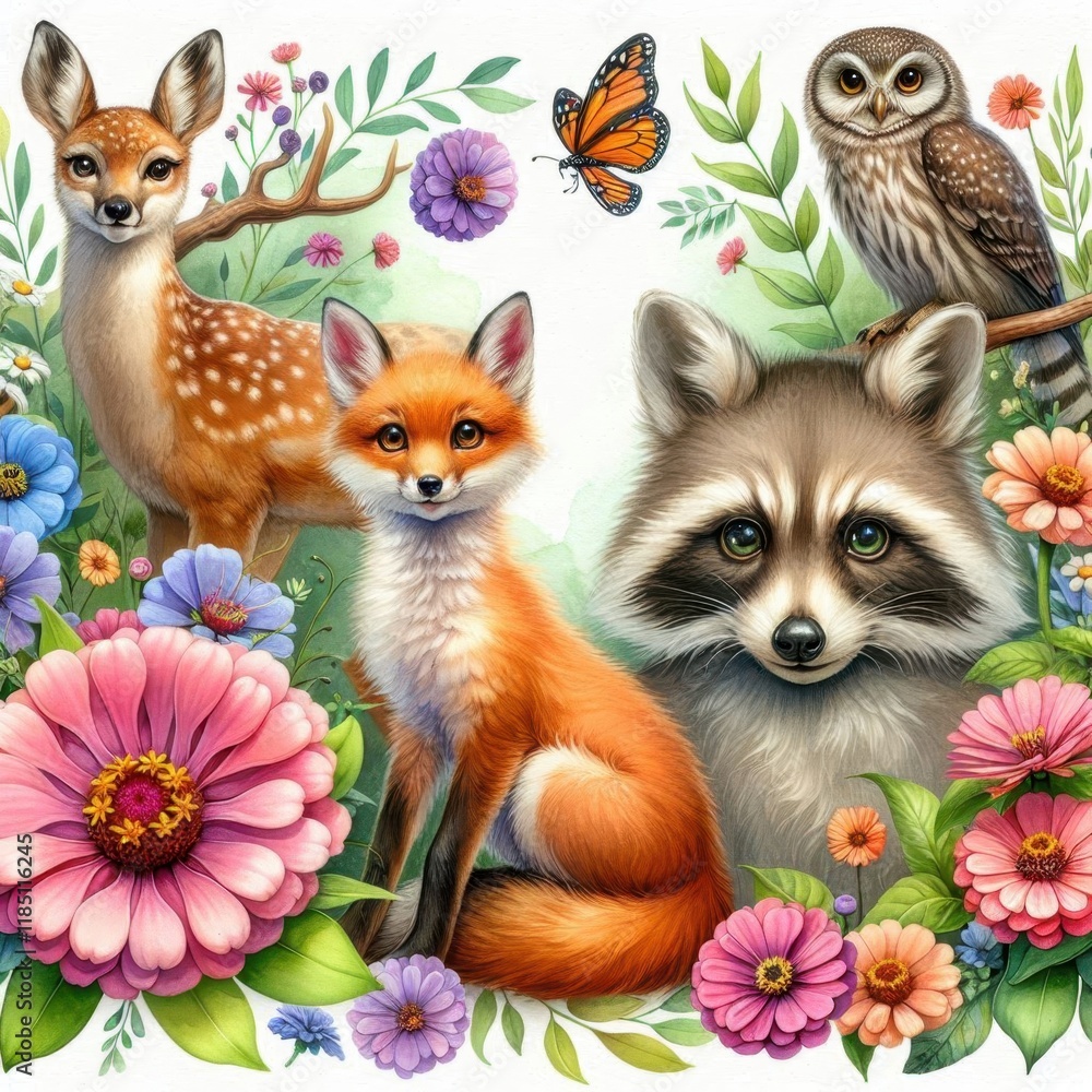 Obraz premium Forest animals, fox, owl, raccoon, colorful flowers, wildflowers, ferns, butterflies, detailed illustration, vibrant colors, whimsical, nature scene, woodland creatures, floral arrangement, springtime