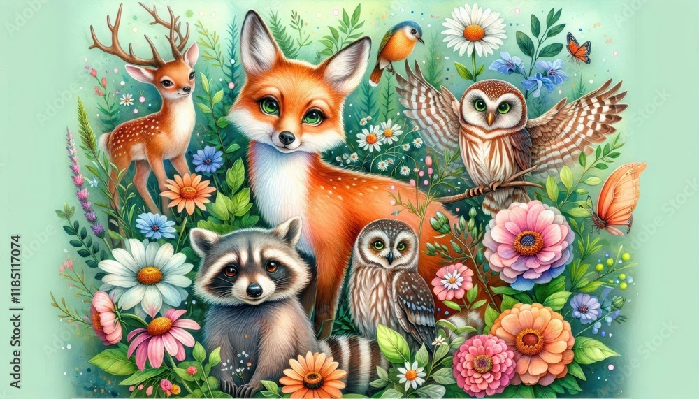 Naklejka premium Forest animals, fox, owl, raccoon, colorful flowers, wildflowers, ferns, butterflies, detailed illustration, vibrant colors, whimsical, nature scene, woodland creatures, floral arrangement, springtime