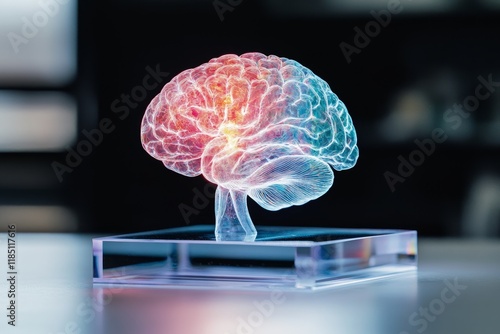 Colorful 3D holographic brain model illuminated in a modern workspace setting