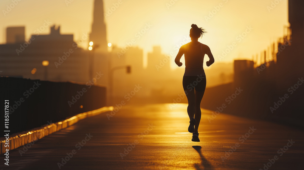 Fototapeta premium A woman runner's silhouette in an urban area. Cityscape at the sunset in the background.