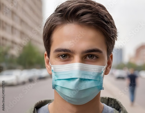 Young Man Wearing a Protective Mask on a City Street, emphasizing the context of a pandemic COVID photo