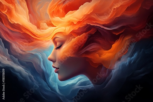 Vibrant swirl of colors and emotions represent the beauty of a woman in a surreal artistic expression