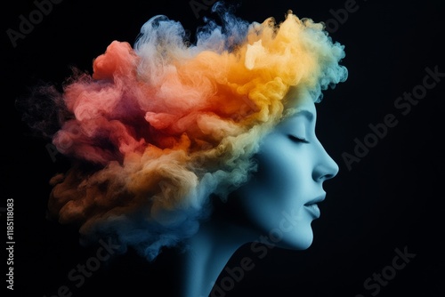 Artistic depiction of a serene figure with vibrant colored smoke forming hair in a dark background
