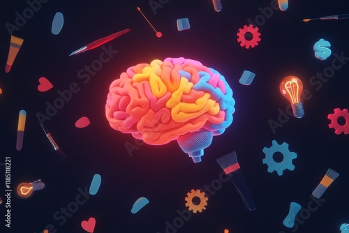 Colorful brain illustration surrounded by creative tools and symbols representing innovation and inspiration