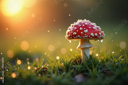 Wallpaper Mural A tiny red mushroom with white spots growing in dewy grass at dawn, with sparkling water droplets and soft golden light from the rising sun. The mood is serene and refreshing Torontodigital.ca