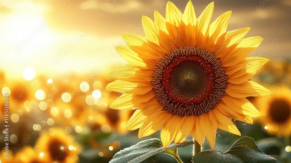 Fototapeta premium Vibrant Sunflower at Sunrise in a Golden Field