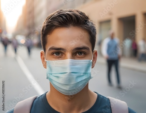 Young Man Wearing a Protective Mask on a City Street, emphasizing the context of a pandemic COVID photo